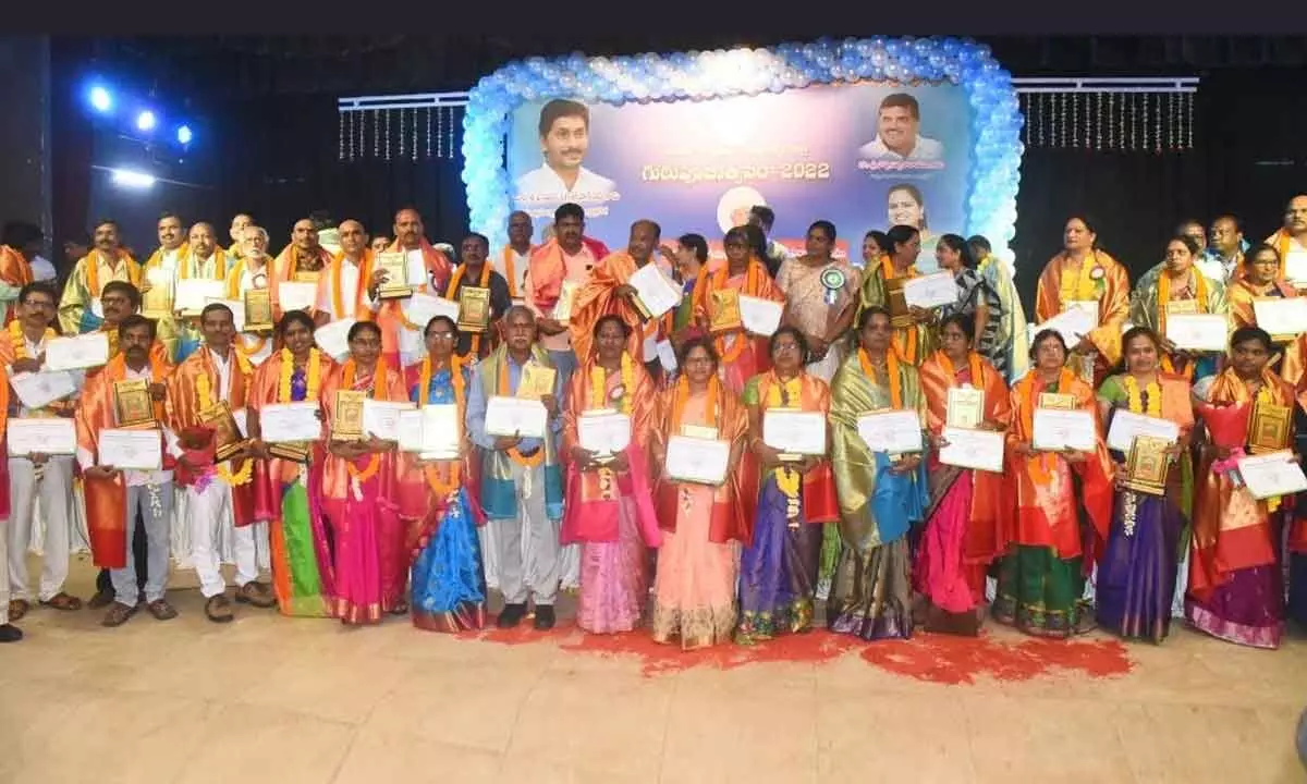 Teachers felicitated as part of the Teachers’ Day celebrations held at VMRDA Childrens Theatre in Visakhapatnam on Monday
