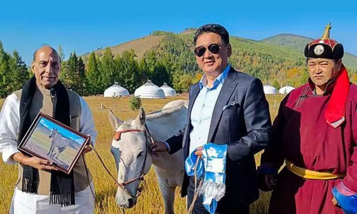 Mongolian Prez gifts horse to Rajnath Singh