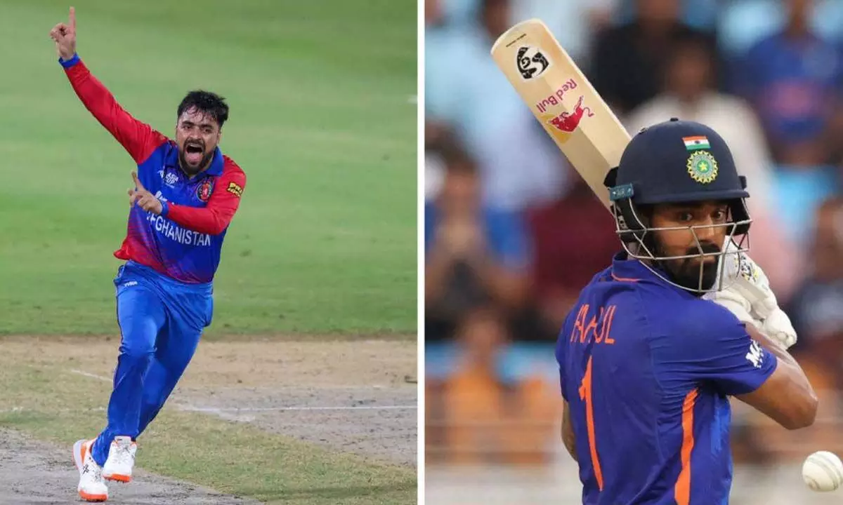 Afghanistan leg-spinner Rashid Khan (L) and Indias stand-in captain KL Rahul (R) (Photo/AFP)