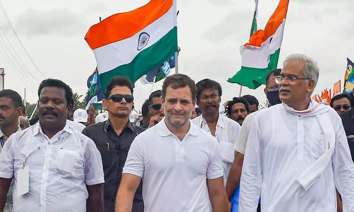 Congress leader Rahul Gandhi with party workers during his Bharat Jodo Yatra, in Kanyakumari on Thursday