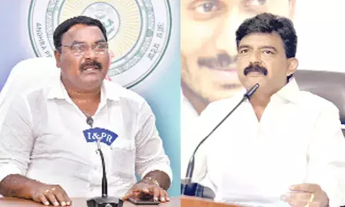 Minister for social welfare Merugu Nagarjuna addressing the media at the Secretariat on Thursday; Former minister  Perni Venkatramaiah (Nani) addressing a press conference at YSRCP in Tadepalli on Thursday
