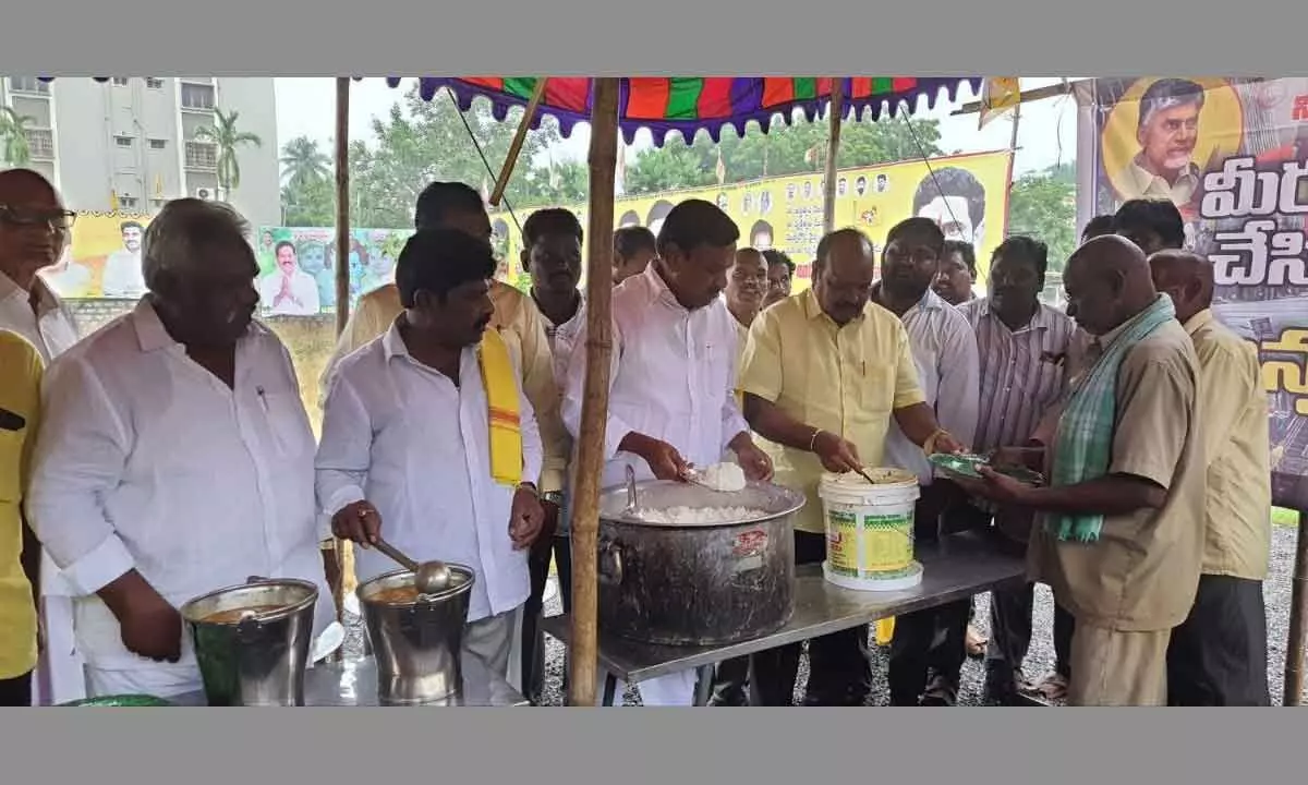 TDP MLC Batchula Arjunudu and party leaders participating in Annadanam at party office in Gannavaram on Friday