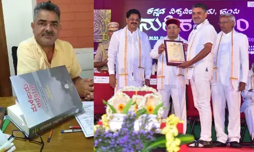 Kalkuli Vittal Hegde with his pathbreaking study - Malenadu Adhyayana(Left); Kalkuli Vittal Hegde receiving the D Litt degree from Thavar Chand Gehlot, Governor of Karnataka(Right)