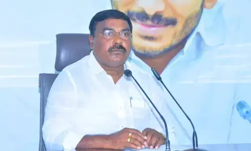 Social welfare minister Merugu Nagarjuna addressing a press conference at YSRCP central office in Tadepalli on Sunday