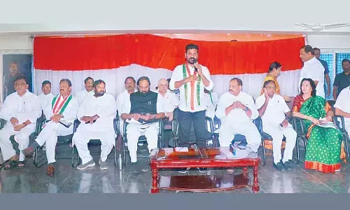 TPCC president Revanth Reddy addressing the media in Hyd on Monday