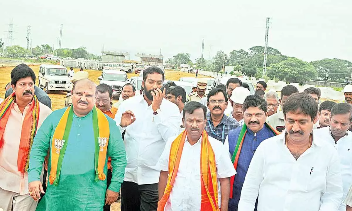 Union Minister A Narayana Swamy during an inspection of Gollapudi Outer Ring Road and Krishna river cross bridge works in Vijayawada on Wednesday  	Photo: Ch V Mastan