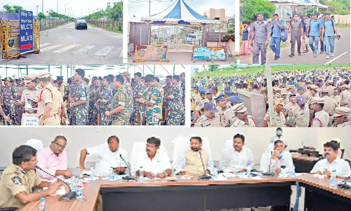 Security arrangements being made for the Assembly session beginning on Thursday; Assembly Speaker Tammineni Sitaram and Legislative Council chairman Moshen Raju hold a meeting with secretaries of various departments, DGP and other officials on the arrangements for Assembly session, at Assembly Committee hall in Velagapudi on Wednesday