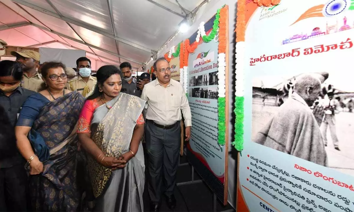 After inaugurating a five-day photo exhibition on freedom fighters of Hyderabad State on Wednesday, Governor Tamilisai Soundararajan went around the stalls exhibiting various phases of the struggle for liberation of the state
