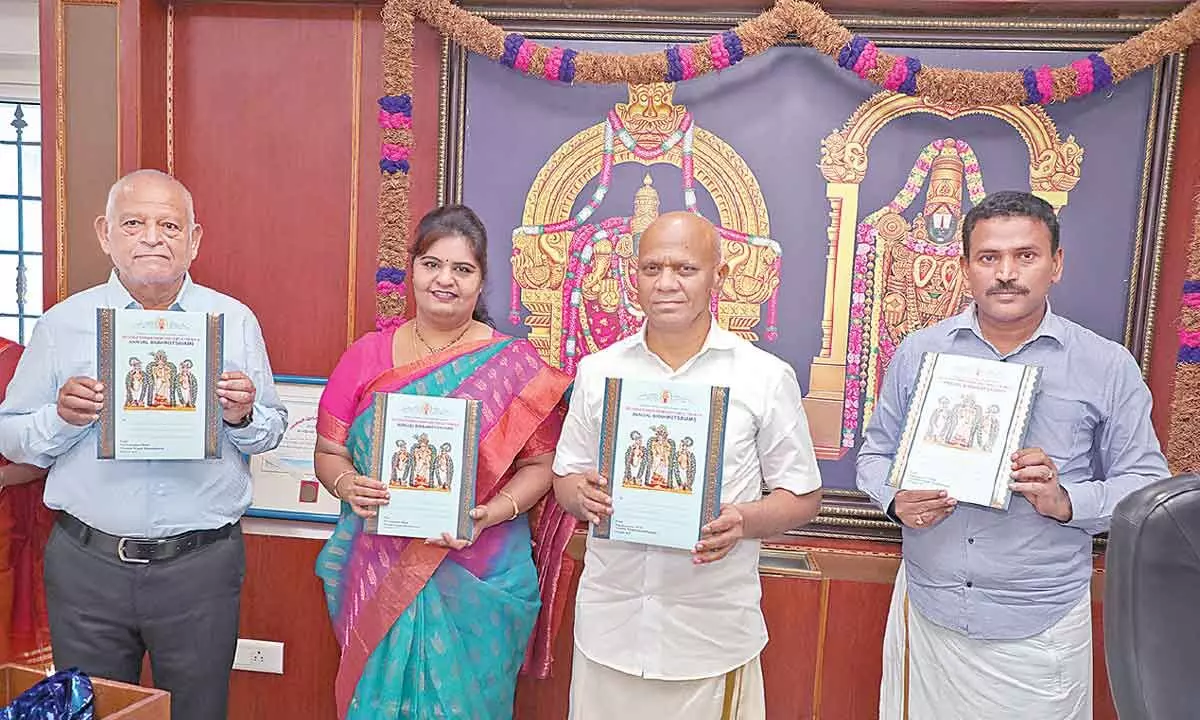 TTD executive officer A V Dharma Reddy released a booklet on the ensuing Tirumala Brahmotsavams in Tirupati, on Wednesday
