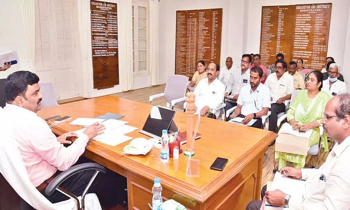 District Collector P Ranjith Basha reviewing the works to be taken up based on the CMs assurances at the Collectorate in Machilipatnam on Wednesday