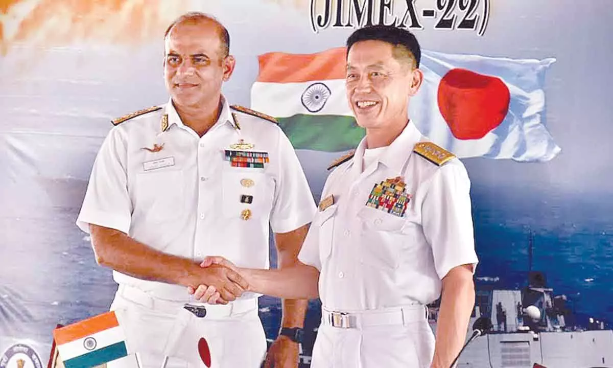 Flag Officer of Commanding Eastern Fleet Rear Admiral Sanjay Bhalla and Commander Escort Flotilla Four Rear Admiral Hirata Toshiyuki in Visakhapatnam on Wednesday