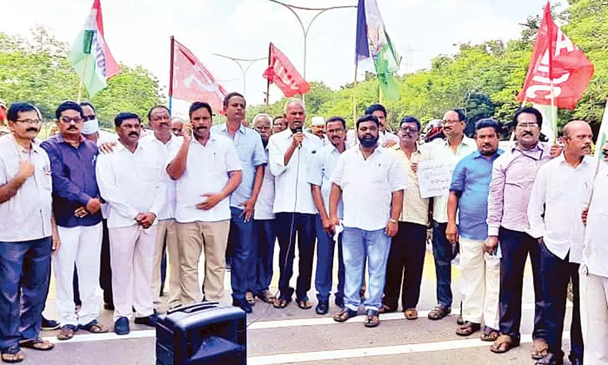 VSP trade union leaders organising a dharna in Visakhapatnam on Thursday