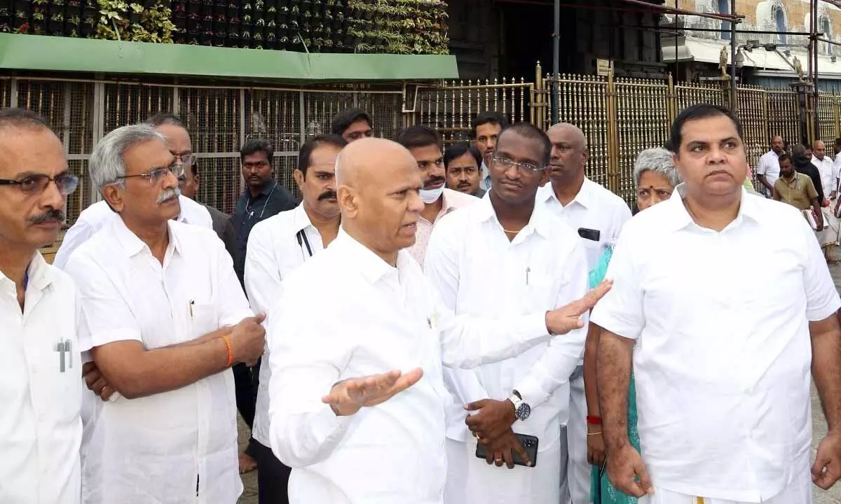 TTD Executive Officer A V Dharma Reddy explaining the measures to be taken up at Vahana Madapam from where Vahana seva start and return after covering four Mada streets, in Tirumala on Thursday.