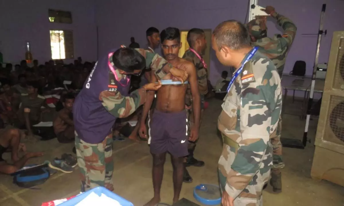 Army officials measuring the chest of a candidate in Nellore on Thursday