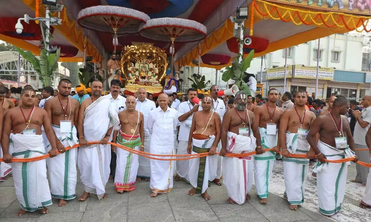 Students and Acharyas at a temple procession