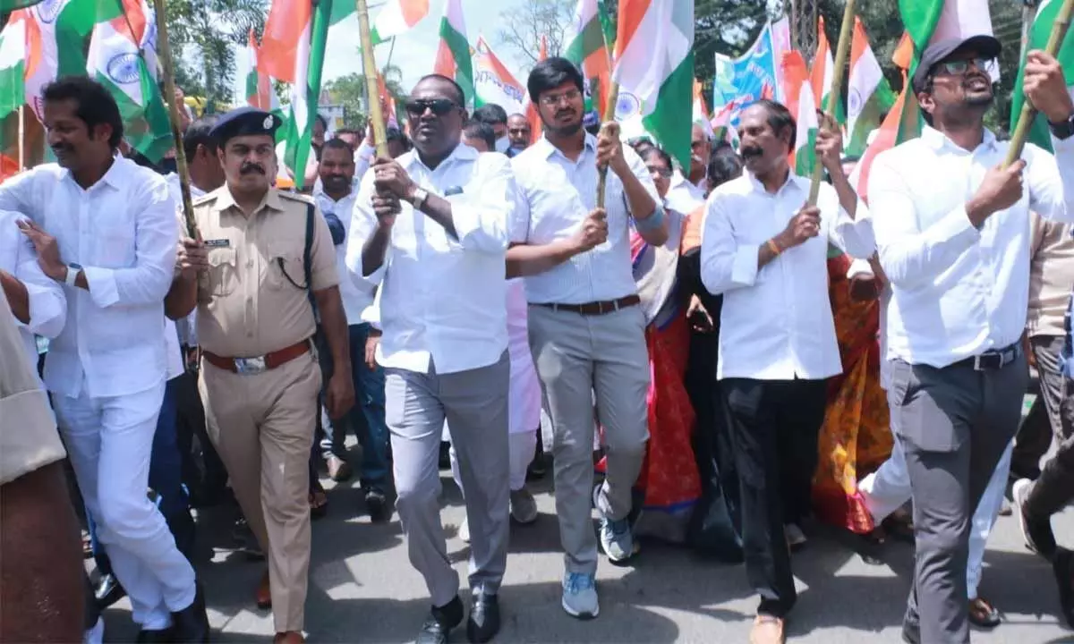 Minister Puvvada Ajay kumar participating in the Vajrotsavam rally in Kammam  on Friday