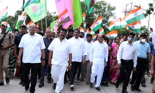 Ministers Talasani, Mohd Mahmood Ali, Chief Secretary Somesh Kumar participating in the Telangana National Unity Diamond Festival at Peoples Plaza in Hyderabad on Friday