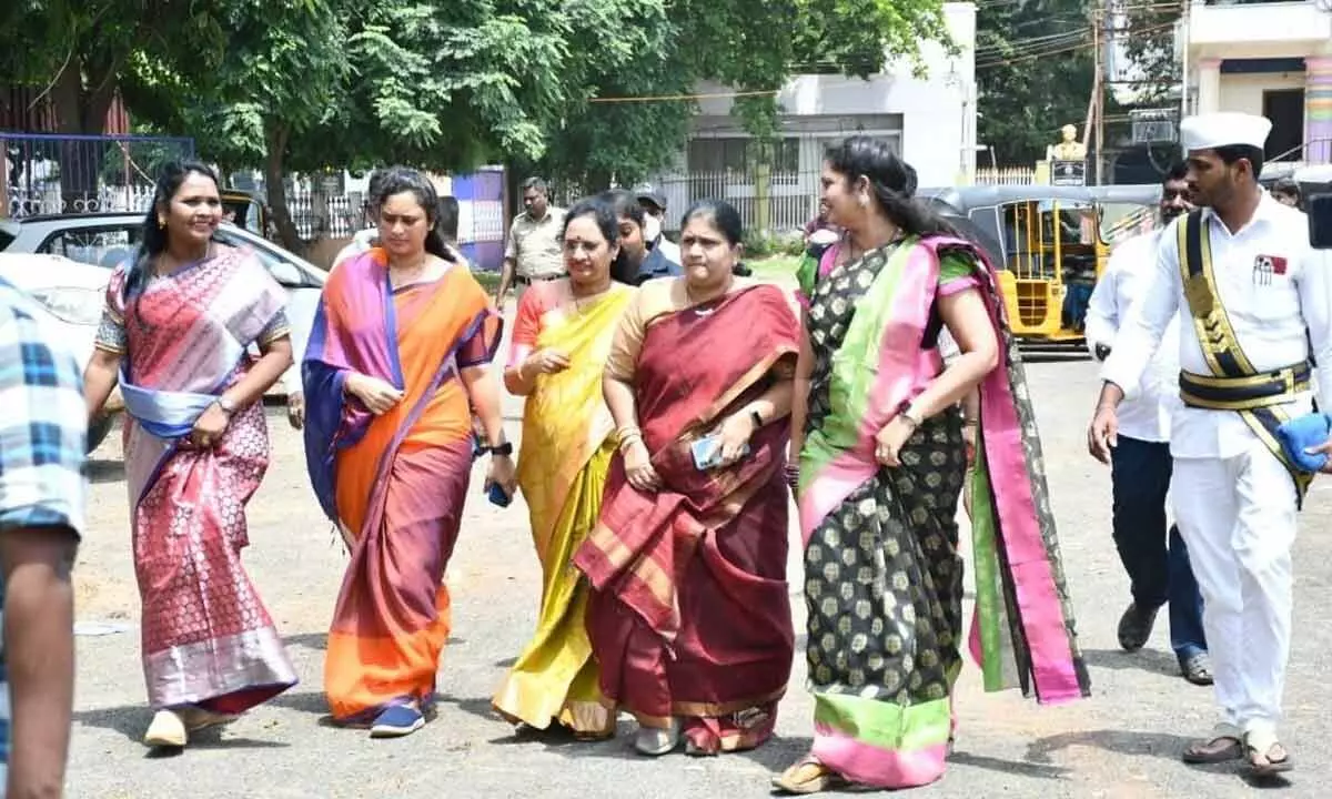 AP Womens Commission chairperson Vasireddy Padma inspecting the arrangements for conducting Women Empowerment Festival in Rajamahendravaram on Sunday