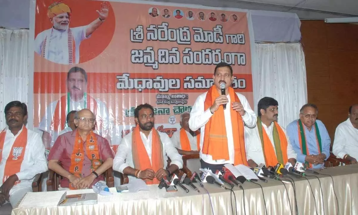 BJP leader Sujana Chowdary speaking at a press meet in Ongole on Sunday