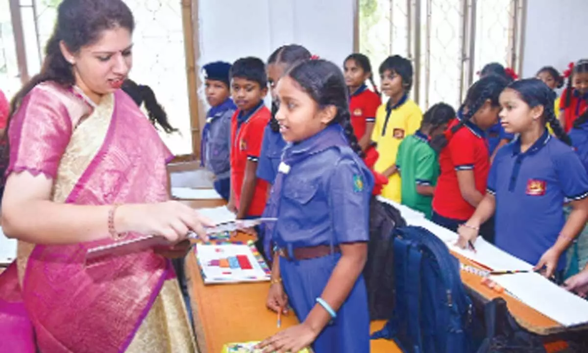 District Collector Krithika Shukla interacting with the students in Kendriya Vidyalaya at Valasapakala in Kakinada on Sunday