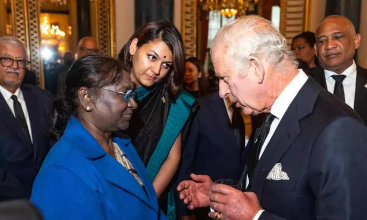 President Droupadi Murmu meets King Charles III at an official state event, a day before Queen Elizabeth IIs funeral, at Buckingham Palace in London on Sunday