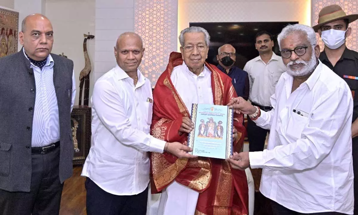 TTD Chairman YV Subba Reddy and EO AV Dharma Reddy inviting Governor Biswabhusan Harichandan for the Tirumala annual Brahmotsavams in Vijayawada on Wednesday