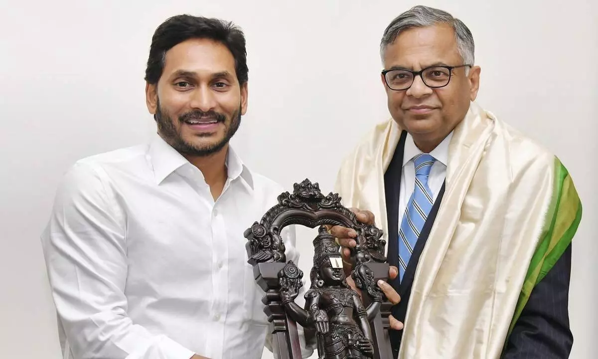 Tata Sons chairman Naarajan Chandrasekhar meet Chief Minister Y S Jagan Mohan Reddy at his residence in Tadepalli on Tuesday