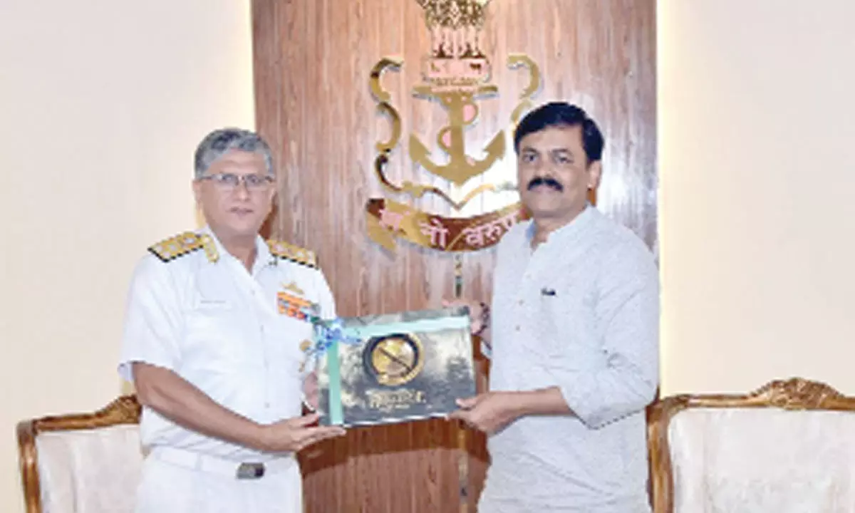 Rajya Sabha MP GVL Narsimha Rao meets Flag Officer Commanding in Chief, Eastern Naval Command Vice Admiral Biswajit Dasgupta in Visakhapatnam on Wednesday