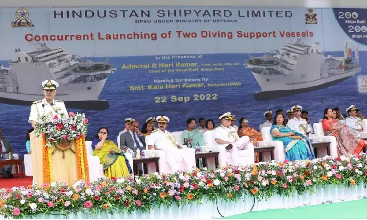 Chief of Naval Staff Admiral R Hari Kumar addressing the gathering at the launch of DSVs Nistar and Nipun in Hindustan Shipyard Limited in Visakhapatnam on Thursday