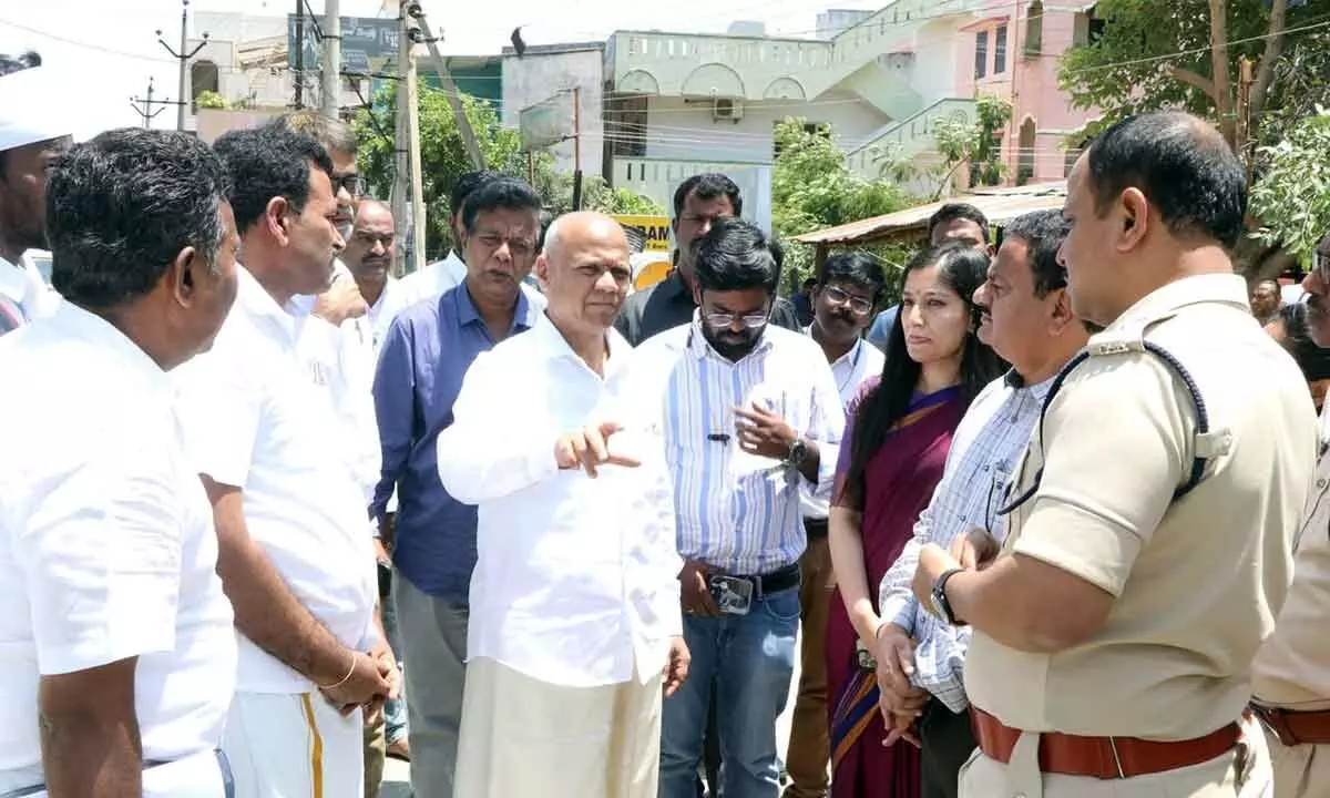 TTD EO A V Dharma Reddy inspecting the ongoing Srinivasa Sethu flyover works in Tirupati on Thursday