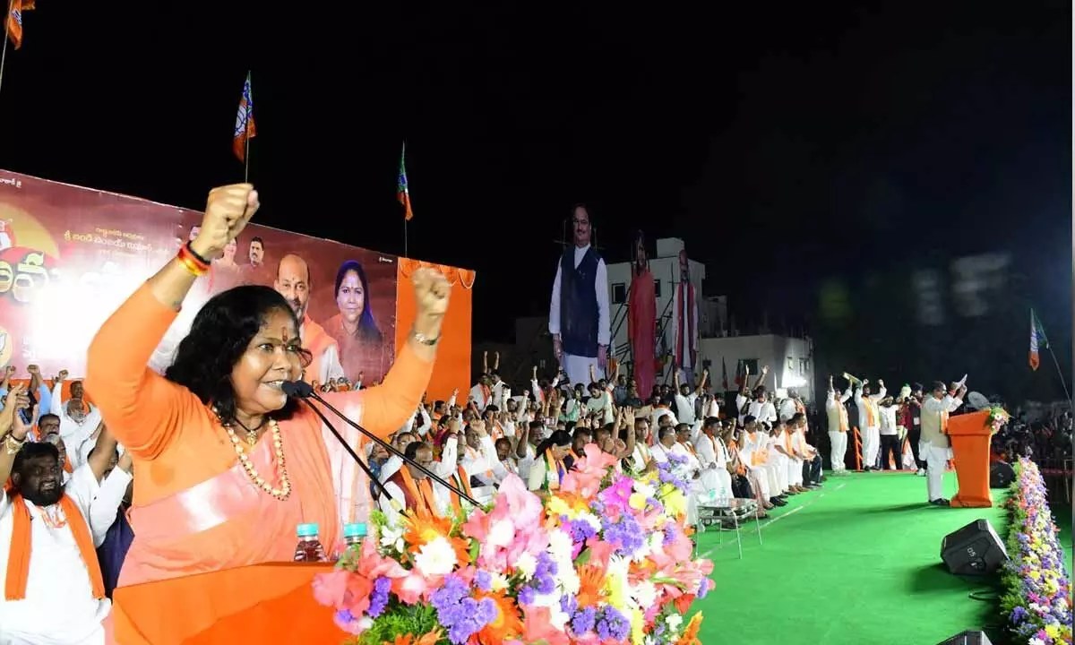 Union Minister of State for Rural Development Niranjan Jyoti addressing a public meeting at Pedda Amberpet in Ranga Reddy district on Thursday