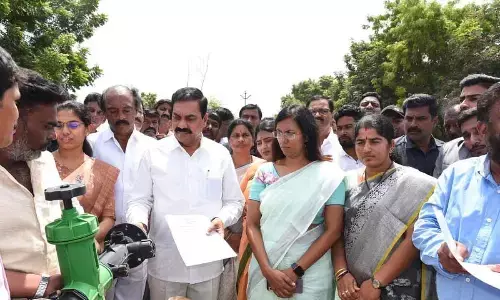 Agriculture Minister Kakani Govardhan Reddy looking at the agriculture implements at the RDT Ecology Centre in Anantapur on Thursday