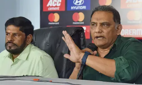 Hyderabad Cricket Association president Mohammad Azharuddin addresses the media at Rajiv Gandhi International Cricket Stadium, in Hyderabad on Friday
