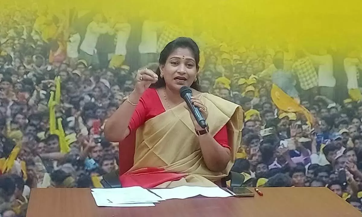 TDP state women president Vangalapudi Anitha speaking at a media conference in Visakhapatnam on Sunday