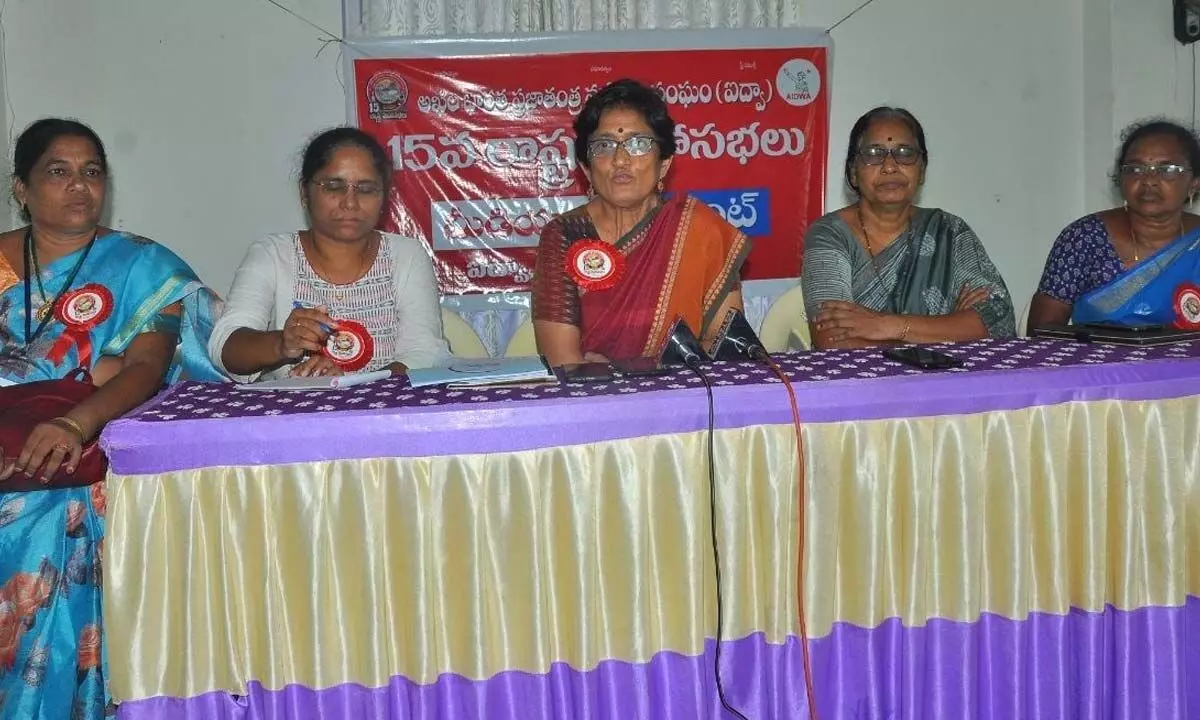 AIDWA general secretary Mariam Dhawle addressing the state conference in Nellore on Sunday