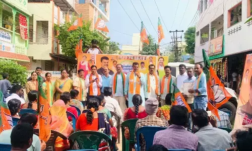 BJP MLC PVN Madhav speaking at the ‘Praja Poru Yatra’ in Visakhapatnam on Sunday