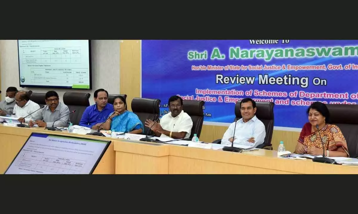 Union minister of state for social justice and empowerment A Narayana Swamy reviews implementation of SC, ST welfare schemes with the officials of state government at the Secretariat on Monday