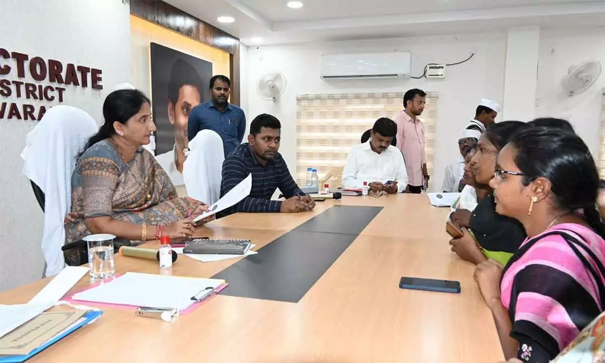 District Collector K Madhavi Latha receiving petitions from the public during Spandana programme in Rajamahendravaram on Monday