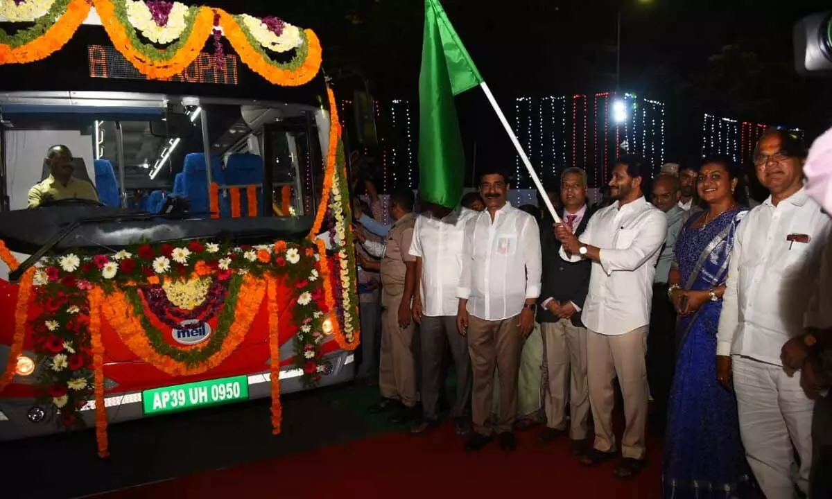 AP Chief Minister YS Jagan Mohan Reddy flagging off e-buses from Alipiri Depot in Tirupati on Tuesday