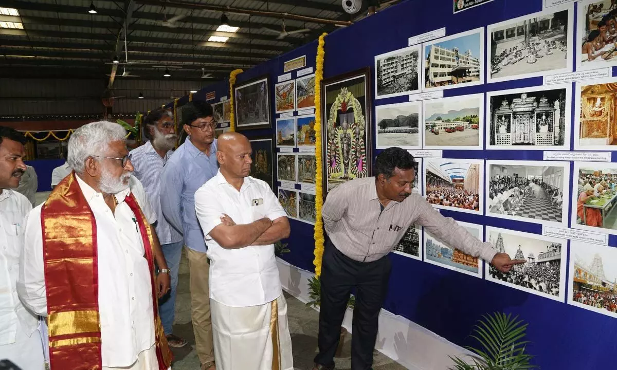 TTD Chairman Y V Subba Reddy and EO A V Dharma Reddy going through the exhibition at Tirumala on Tuesday