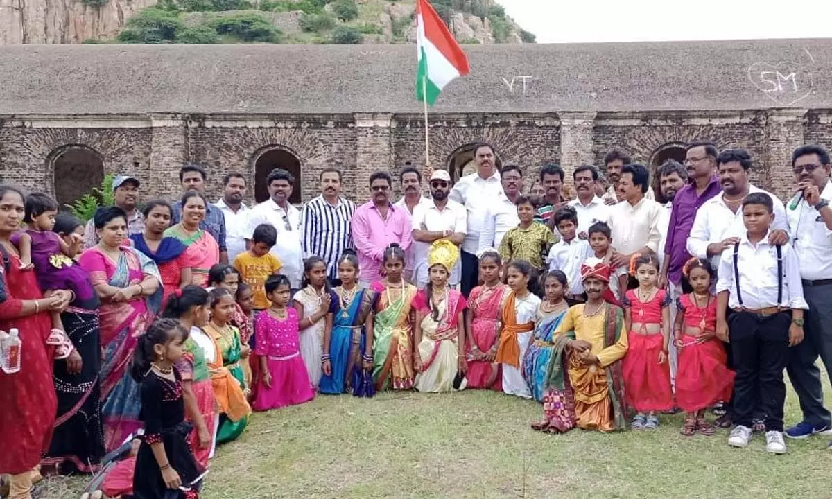 Participants and students of bike rally at Gooty Fort on Tuesday