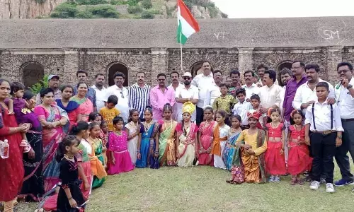 Participants and students of bike rally at Gooty Fort on Tuesday