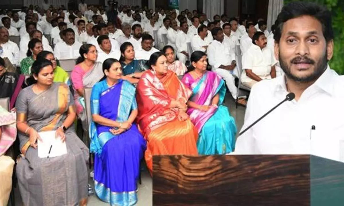 Chief Minister Y S Jagan Mohan Reddy addressing YSRCP MLAs at a workshop on ‘Gadapa Gadapaku Mana Prabhutvam’ at his camp office in Tadepalli on Wednesday