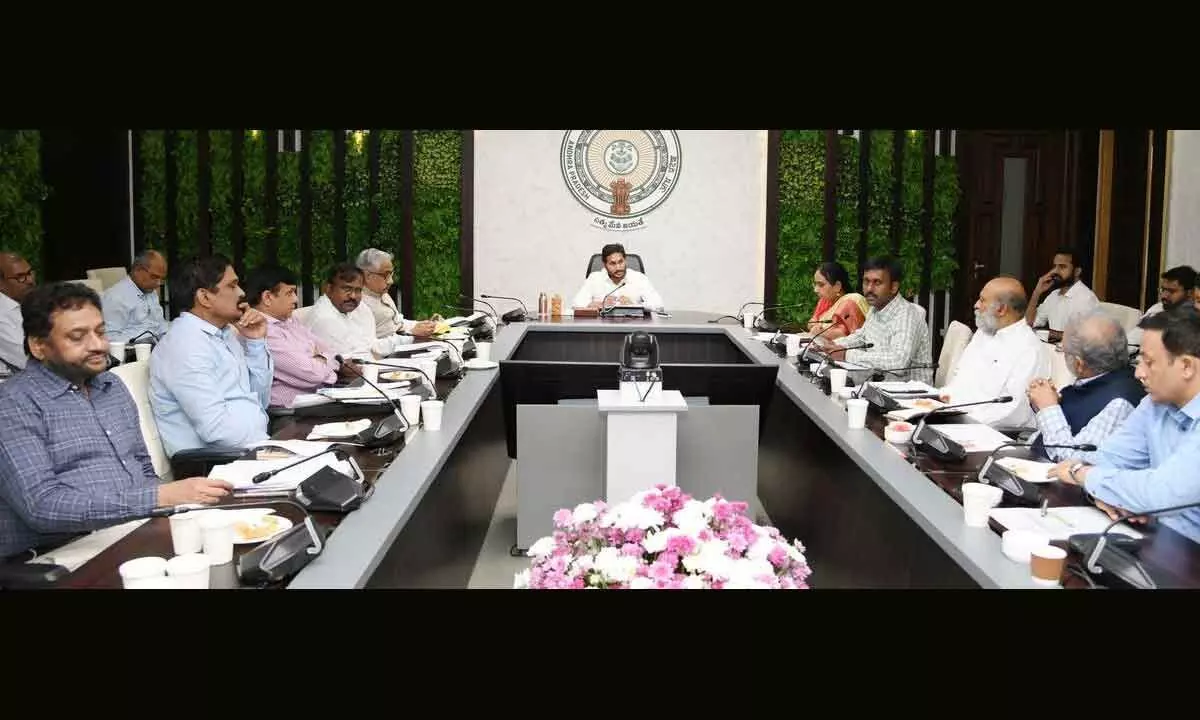 Chief Minister Y S Jagan Mohan Reddy holds a video conference with district collectors and SPs as part of Spandana programme from his camp office in Tadepalli on Thursday