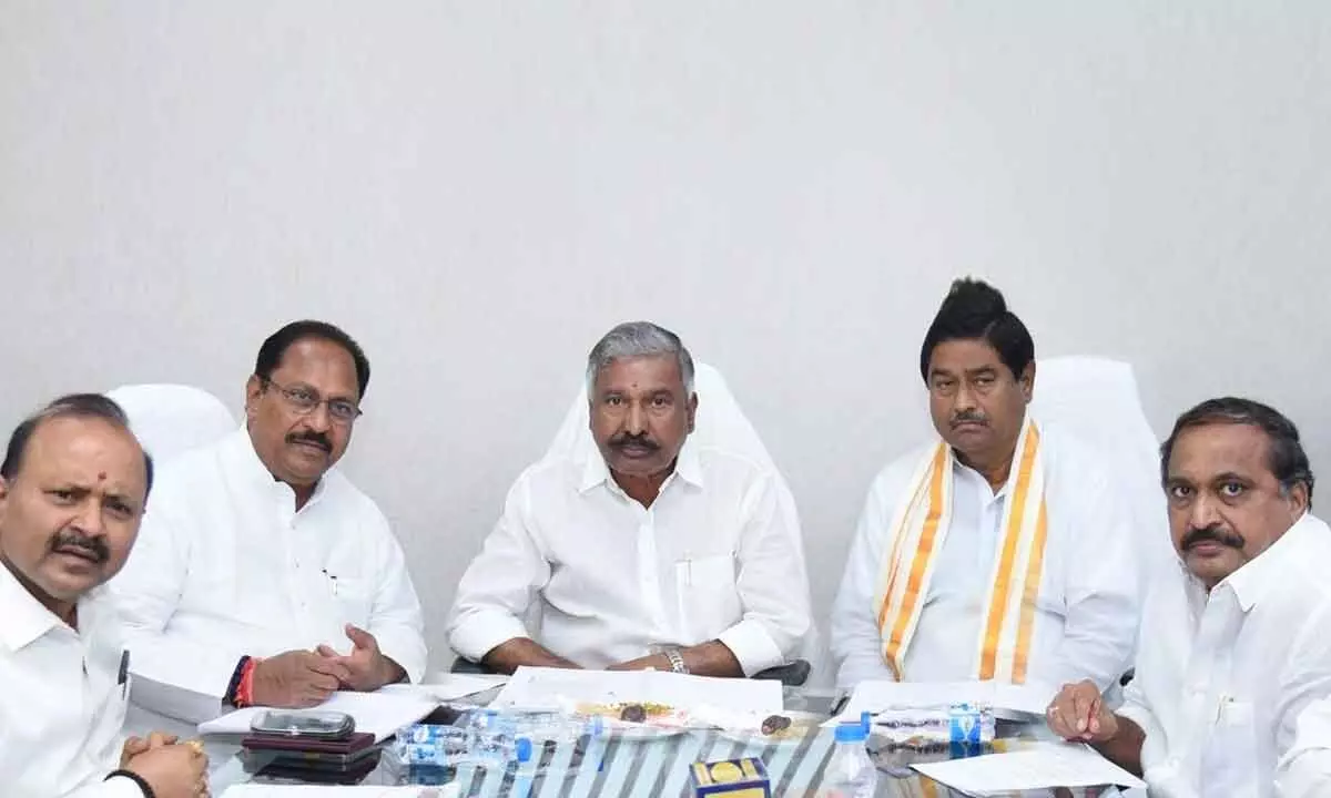 Endowments minister K Satyanarayana in a meeting with minister for forests Peddireddi Ramachandra Reddy, revenue minister D Prasada Rao at the Secretariat on Thursday
