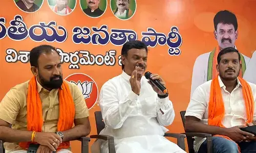 BJP MLC PVN Madhav speaking to the media in Visakhapatnam on Thursday