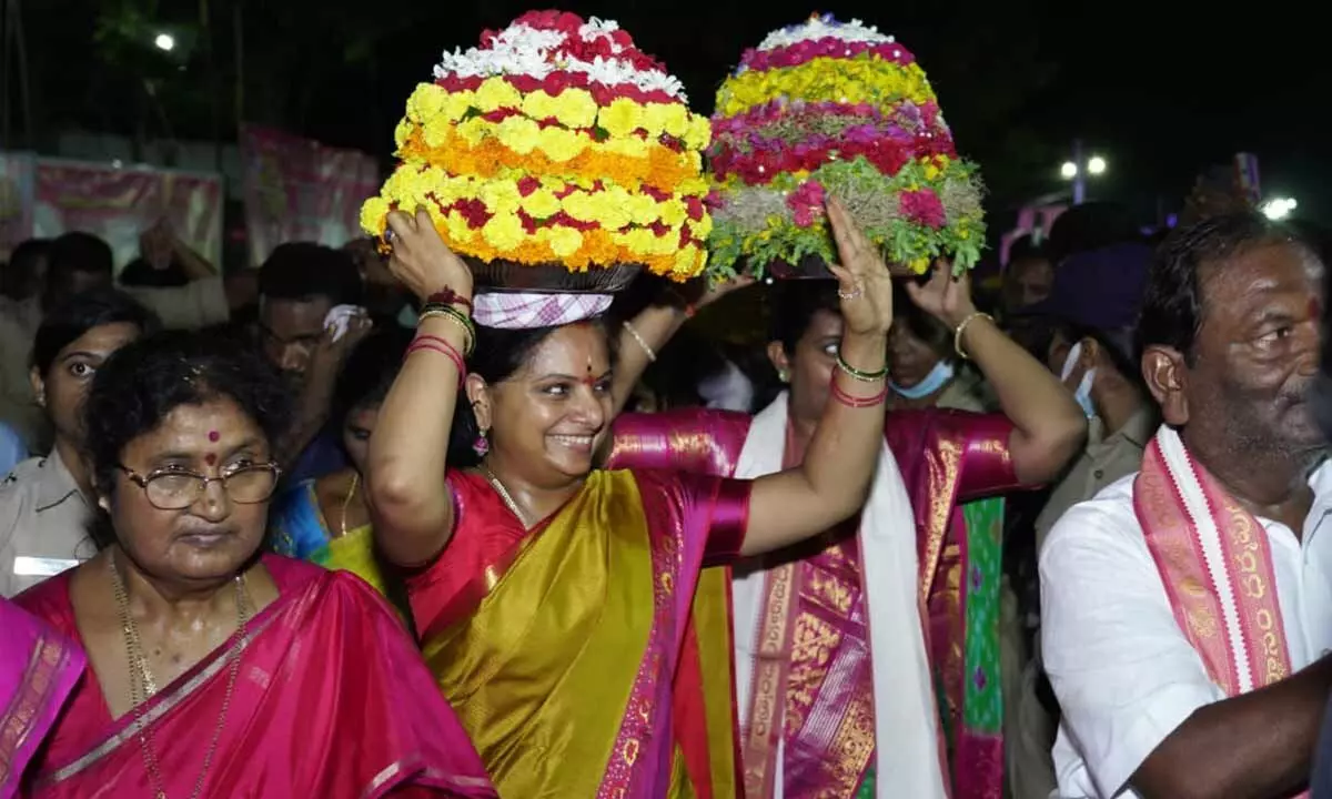 MLC Kavitha sings Bathukamma song at Dharmapuri