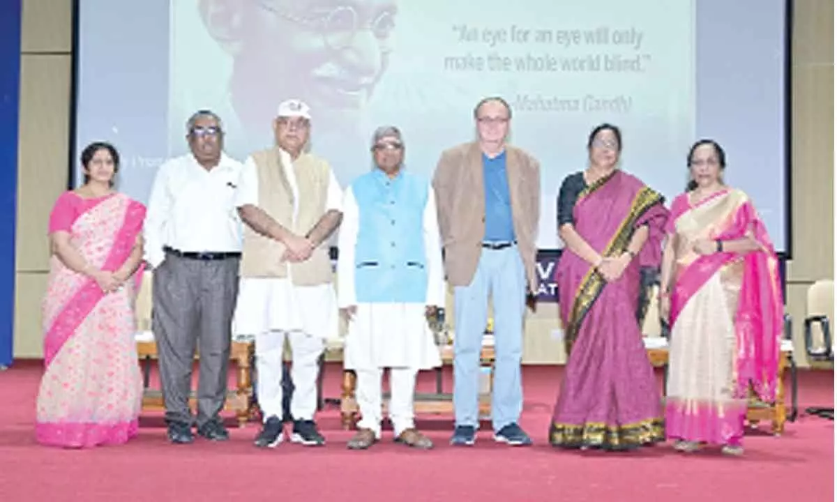 SPMVV Vice Chancellor Prof D Jamuna, Dr Christian Bartolf of Germany and others at an awareness programme on Gandhi’s principles, in Tirupati on Friday