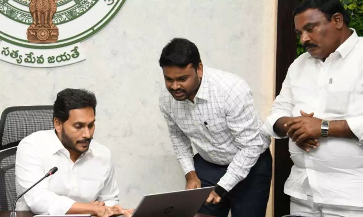 Chief Minister Y S Jagan Mohan Reddy launching YSR Kalyanamastu and YSR Shadi Tohfa scheme at camp office in Vijayawada on Friday