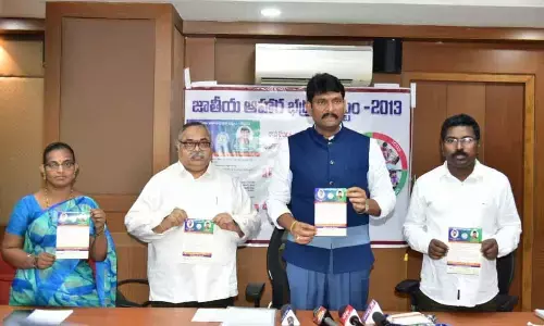 AP Food Commission Chairman Chitta Vijaya Prathap Reddy releasing poster regarding NFSA at his office in Vijayawada on Friday